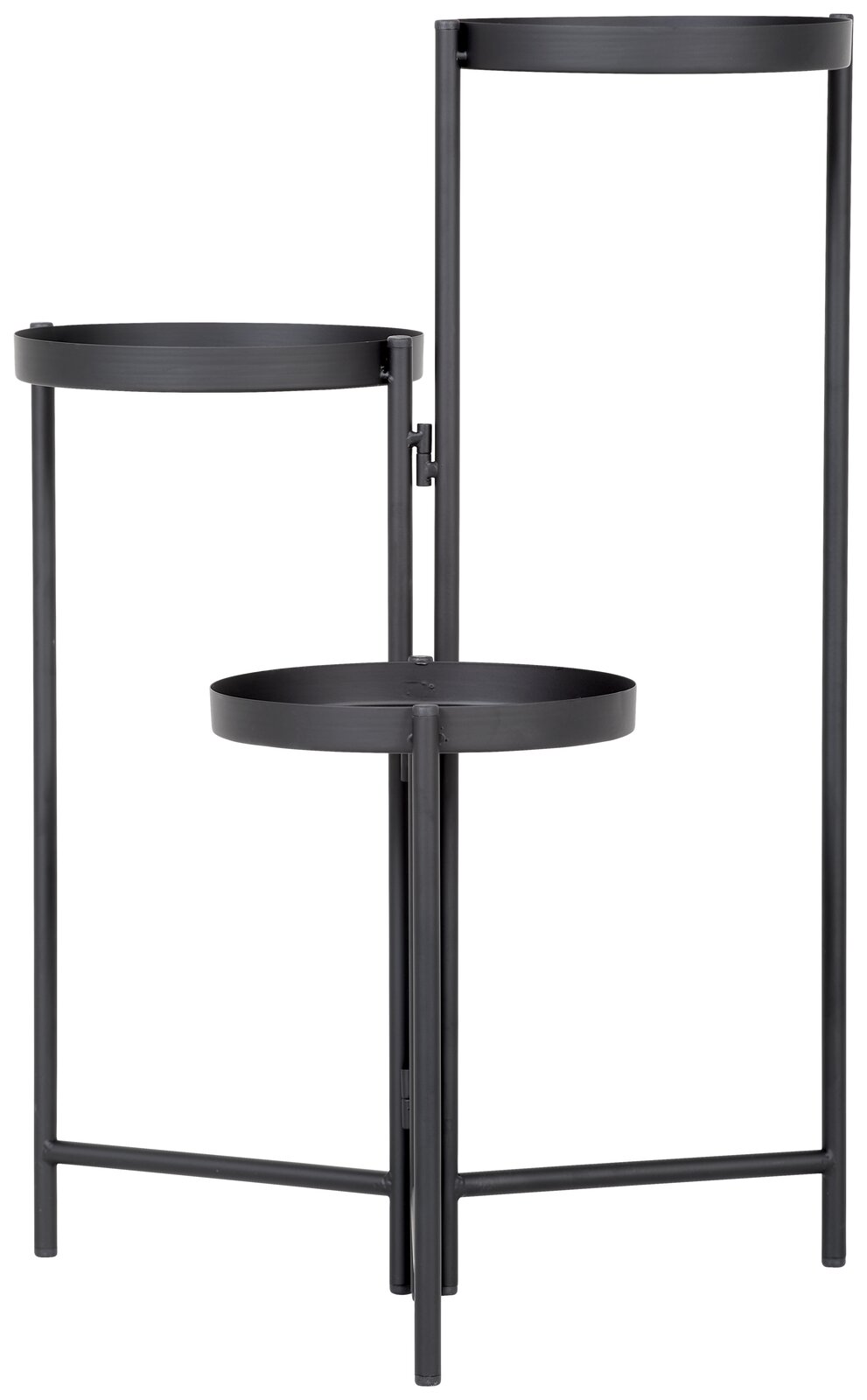 Moderner schwarzer Blumenständer mit zwei runden Ablagen, seitliche Perspektive