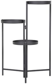 Moderner schwarzer Blumenständer mit zwei runden Ablagen, seitliche Perspektive