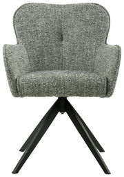 Grauer Armlehnstuhl mit Stoffbezug und schwarzem Metallgestell, Frontalansicht