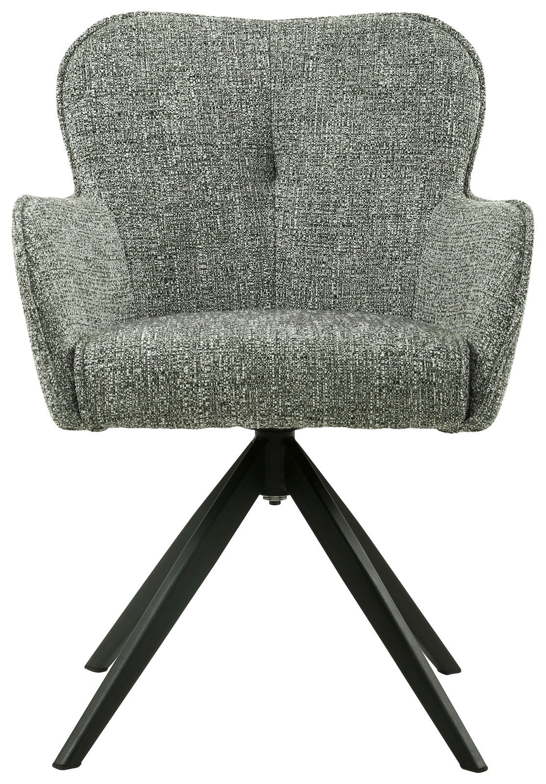 Grauer Armlehnstuhl mit Stoffbezug und schwarzem Metallgestell, Frontalansicht