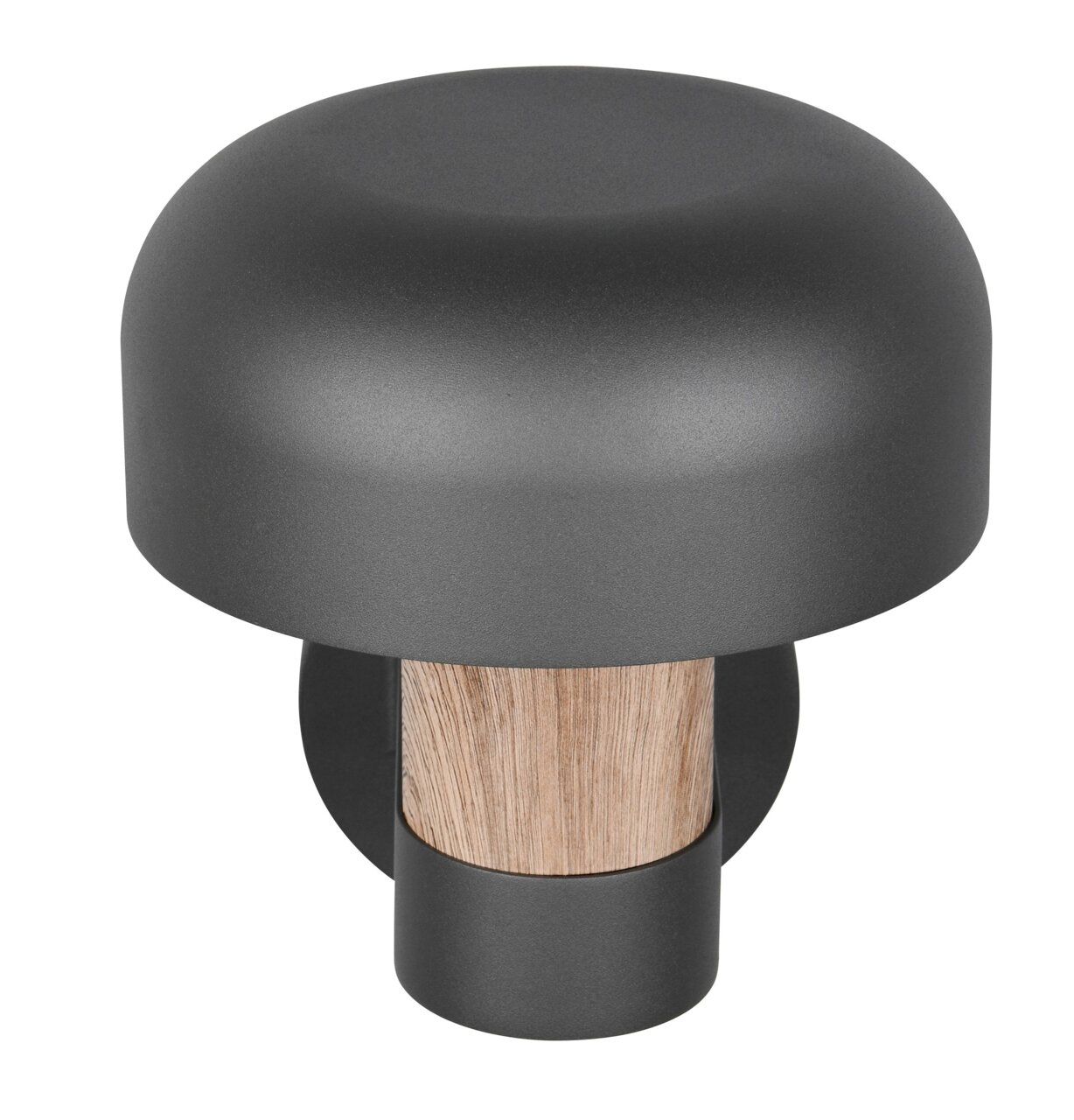 Moderne LED-Außenwandleuchte in dunklem Grau mit Holzdetail, seitliche Perspektive