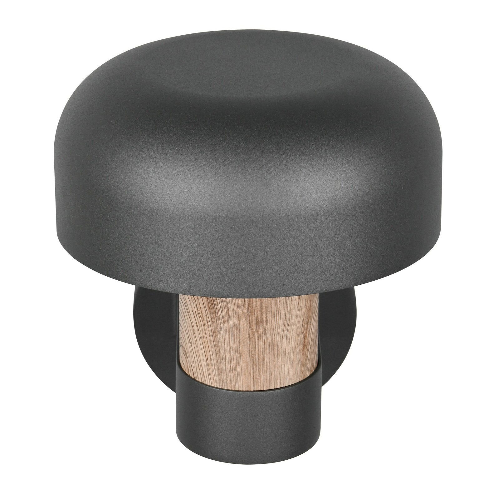 Moderne LED-Außenwandleuchte in dunklem Grau mit Holzdetail, seitliche Perspektive