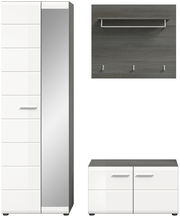 Garderobenkombination in Frontansicht mit weißem Schrank, Spiegel, Wandpaneel mit Haken und Schuhschrank.