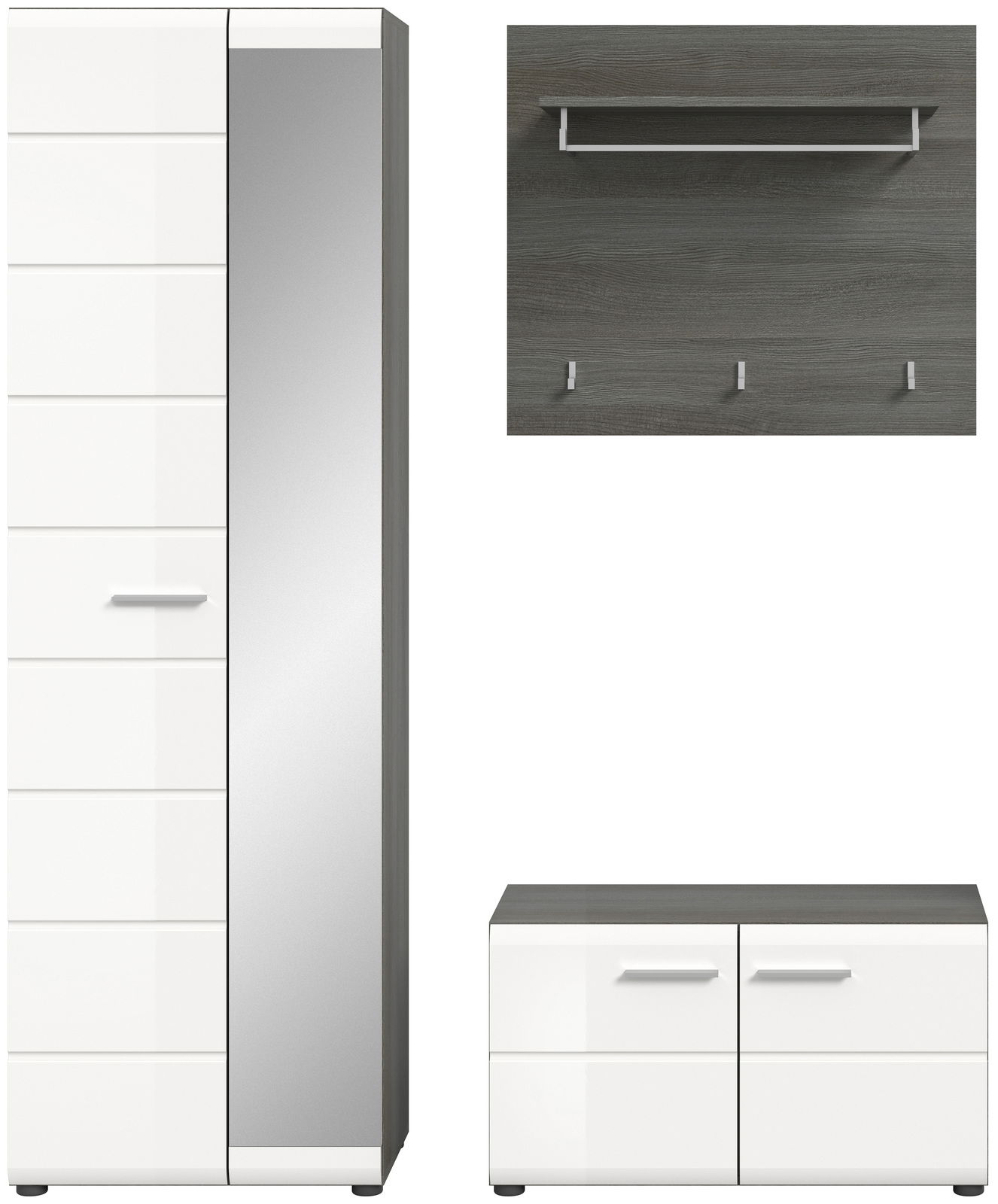 Garderobenkombination in Frontansicht mit weißem Schrank, Spiegel, Wandpaneel mit Haken und Schuhschrank.