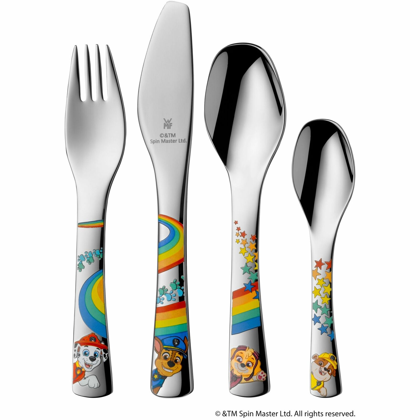 Kinderset mit Besteck bestehend aus Gabel, Messer, großem und kleinem Löffel, verziert mit Paw Patrol Motiven und bunten Regenbogenmustern, frontal abgebildet.