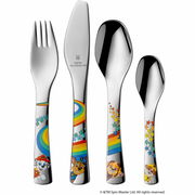 Kinderset mit Besteck bestehend aus Gabel, Messer, großem und kleinem Löffel, verziert mit Paw Patrol Motiven und bunten Regenbogenmustern, frontal abgebildet.