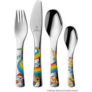 Kinderset mit Besteck bestehend aus Gabel, Messer, großem und kleinem Löffel, verziert mit Paw Patrol Motiven und bunten Regenbogenmustern, frontal abgebildet.
