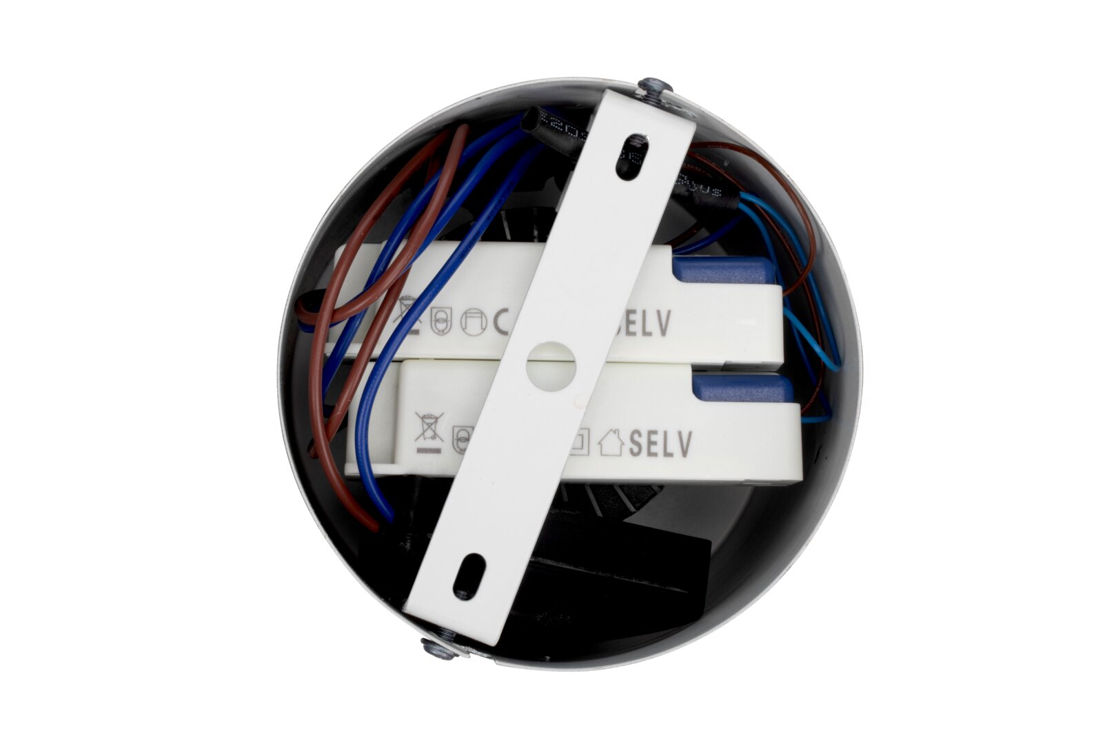 Binnenkant van een ronde LED-hanglamp met zichtbare kabels en elektrische onderdelen, gezien van bovenaf.