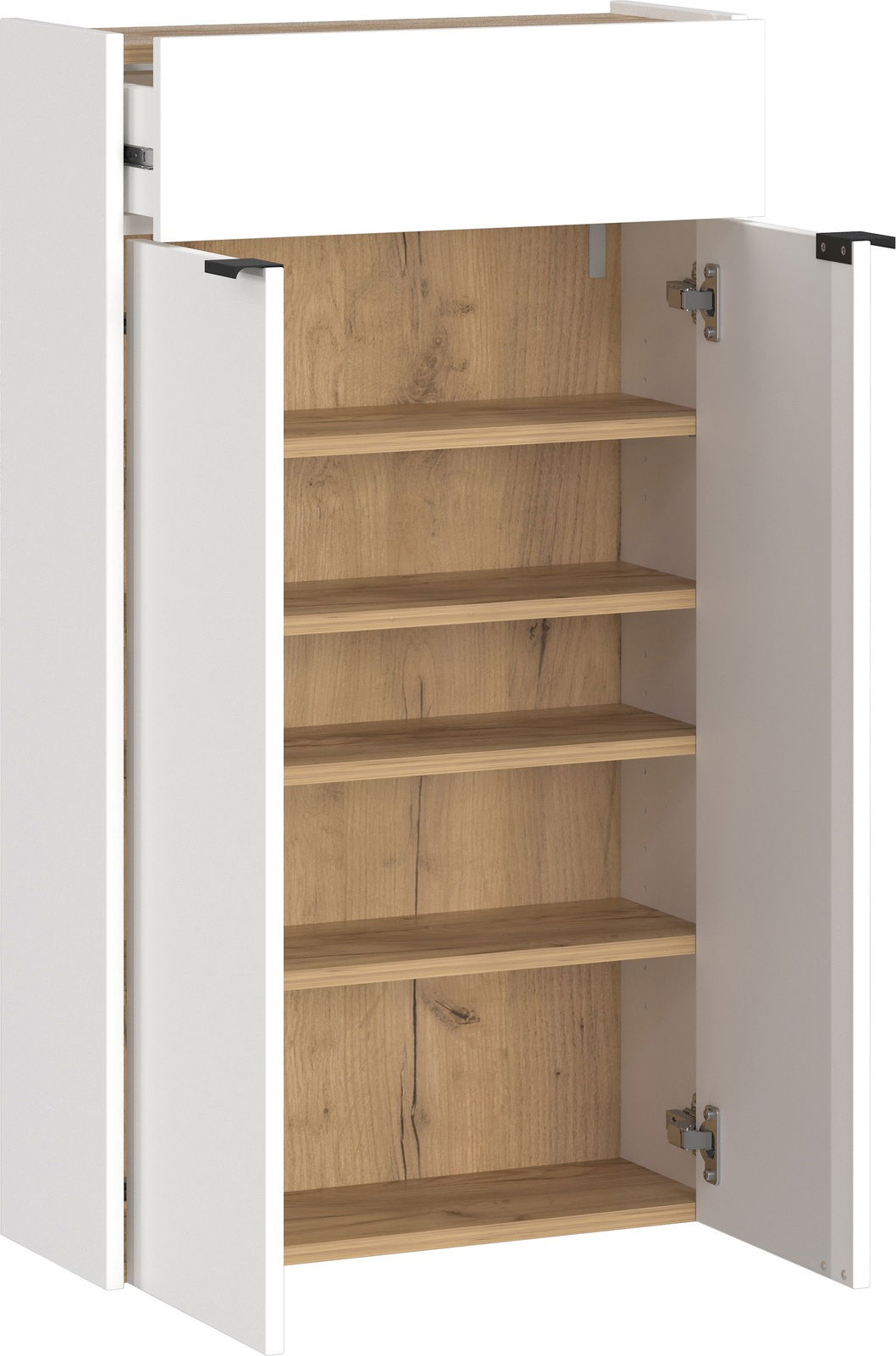 MID.YOU Hängeschuhschrank AMECA Hängeschuhschrank mit offenen Türen, weiße Fronten und Holzböden, seitliche Perspektive