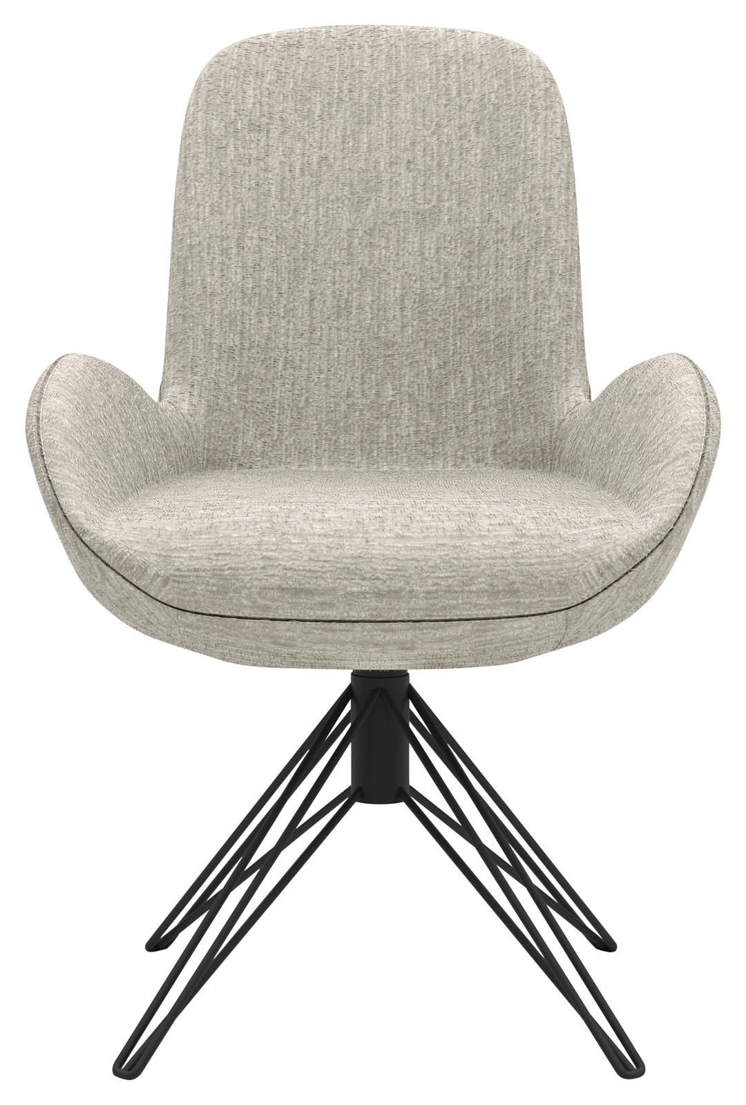 Moderner Armlehnstuhl mit grauem Stoffbezug und schwarzem Metallgestell, Frontalansicht