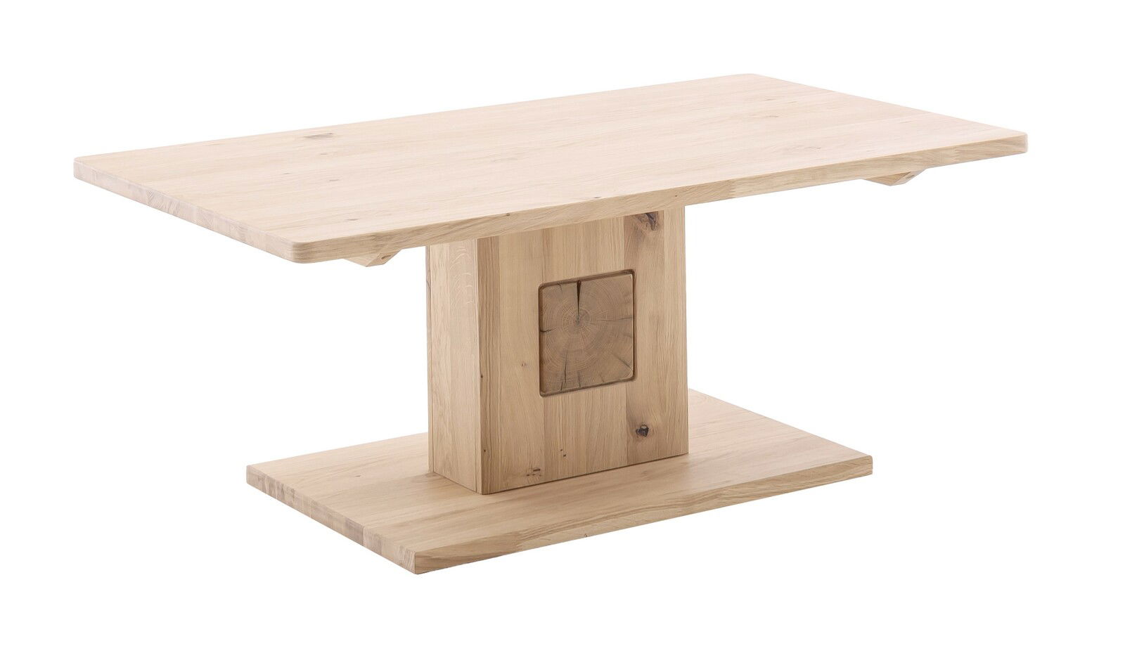 Moderner Couchtisch aus hellem Holz mit rechteckiger Tischplatte und zentralem Standfuß, seitliche Perspektive