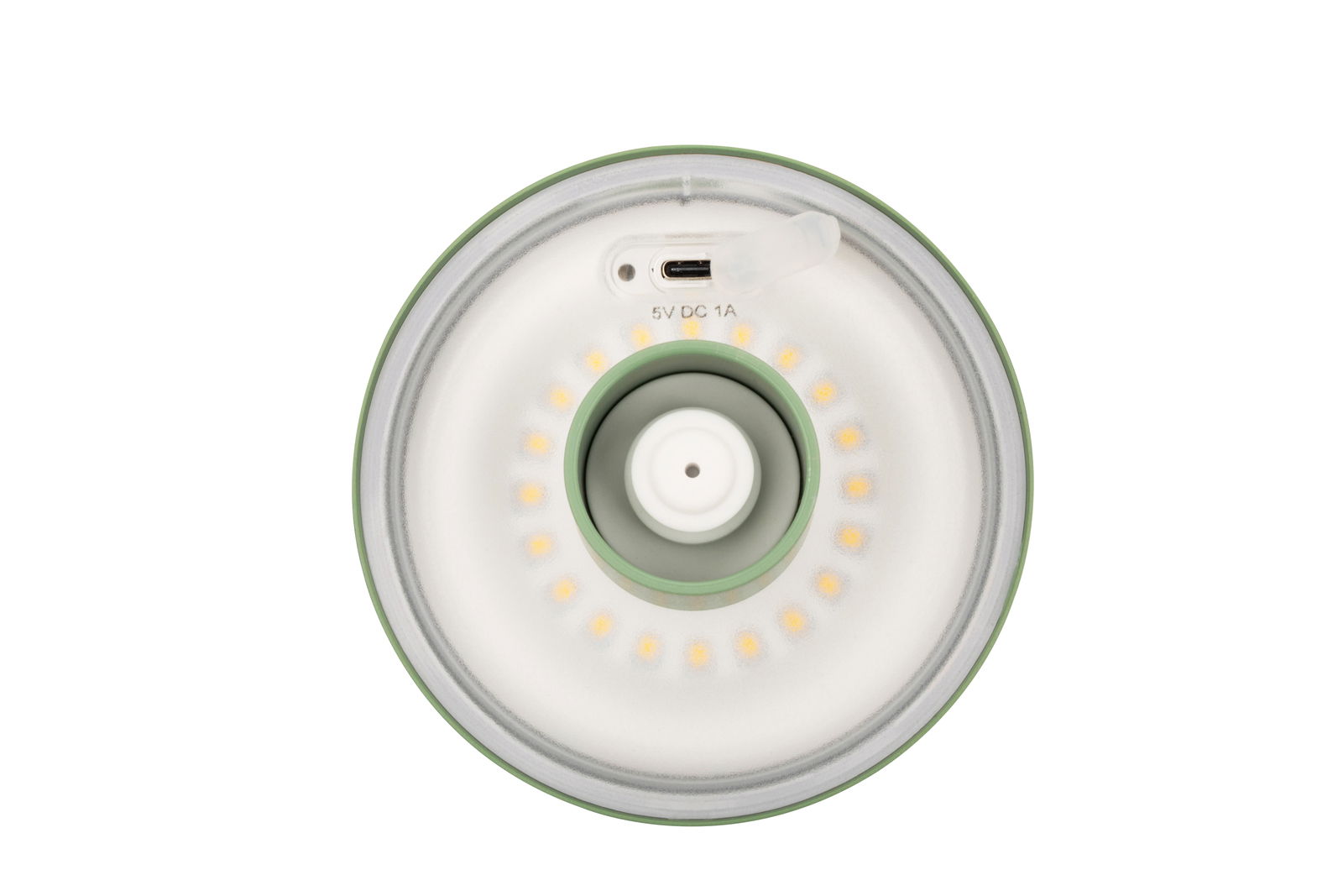 Draufsicht auf die Unterseite einer Akku-Tischleuchte mit USB-C-Anschluss und LED-Lichtern.