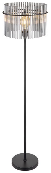 Moderne Stehleuchte GORLEY mit metallischem Schirm und schwarzem Standfuß, seitliche Perspektive.