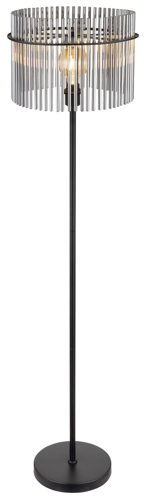 Moderne Stehleuchte GORLEY mit metallischem Schirm und schwarzem Standfuß, seitliche Perspektive.