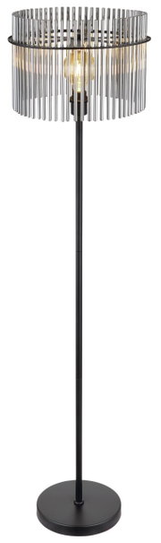 Moderne Stehleuchte GORLEY mit metallischem Schirm und schwarzem Standfuß, seitliche Perspektive.