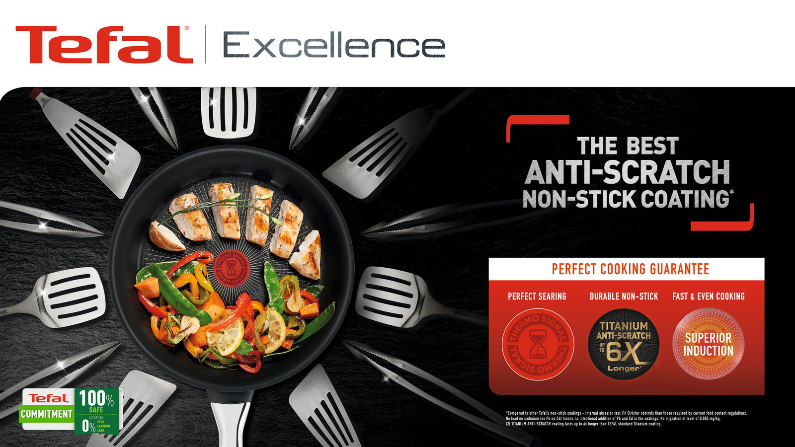 Bratpfanne Tefal Excellence 32cm mit Antihaftbeschichtung, von oben fotografiert, mit gebratenem Hähnchen und Gemüse.