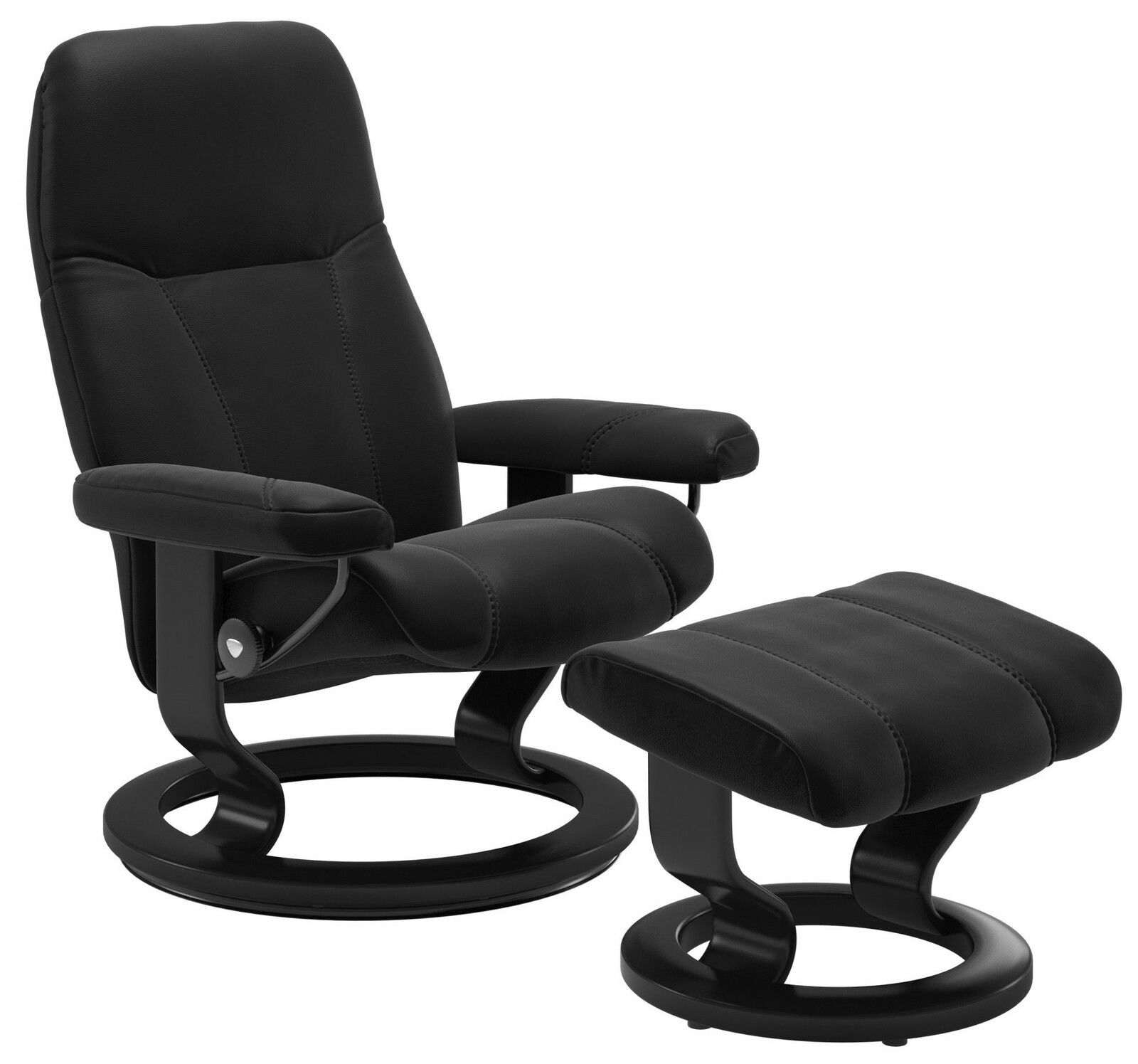 Schwarzer Einzelsessel mit passendem Hocker, seitliche Perspektive