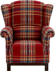 Vorderansicht eines Solitärsessels mit buntem Karomuster in Rot- und Blautönen.