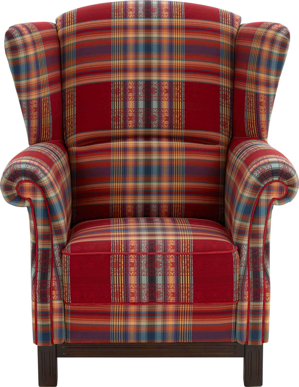 Vorderansicht eines Solitärsessels mit buntem Karomuster in Rot- und Blautönen.