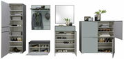 Moderne Garderobenmöbel-Serie LUXOR mit Schuhschrank, Spiegel, Sitzkissen, Schlüsselbrett, Bank und Garderobenpaneel in frontaler Ansicht.