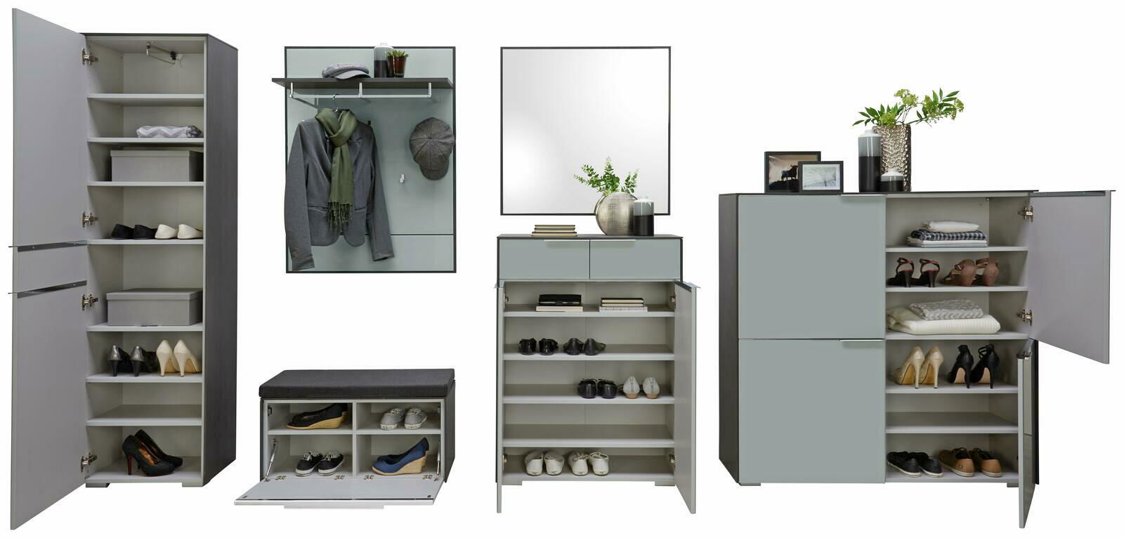 Moderne Garderobenmöbel-Serie LUXOR mit Schuhschrank, Spiegel, Sitzkissen, Schlüsselbrett, Bank und Garderobenpaneel in frontaler Ansicht.