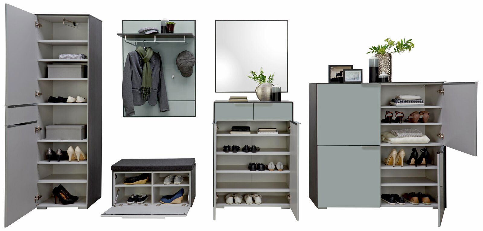 Moderne Garderobenmöbel-Serie LUXOR mit Schuhschrank, Spiegel, Sitzkissen, Schlüsselbrett, Bank und Garderobenpaneel in frontaler Ansicht.