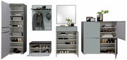 Moderne Garderobenmöbel-Serie LUXOR mit Schuhschrank, Spiegel, Sitzkissen, Schlüsselbrett, Bank und Garderobenpaneel in frontaler Ansicht.