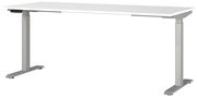 Moderner E-Schreibtisch 180x80 cm mit weißer Tischplatte und grauen, höhenverstellbaren Beinen, seitliche Perspektive