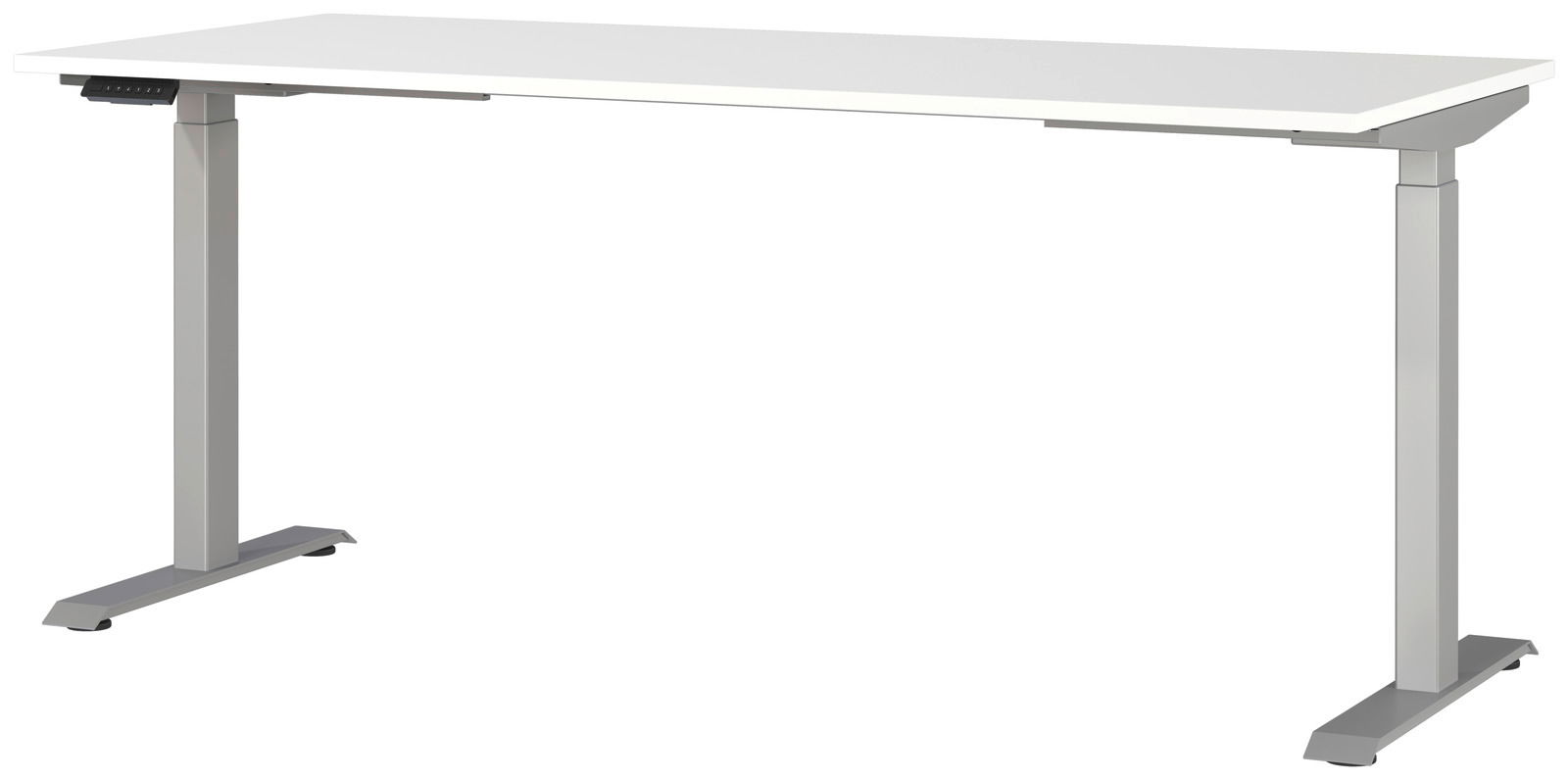 Moderner E-Schreibtisch 180x80 cm mit weißer Tischplatte und grauen, höhenverstellbaren Beinen, seitliche Perspektive