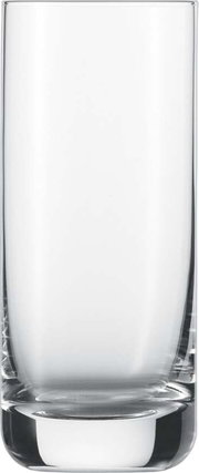 Ein einfaches Longdrinkglas aus klarem Glas, frontal fotografiert.