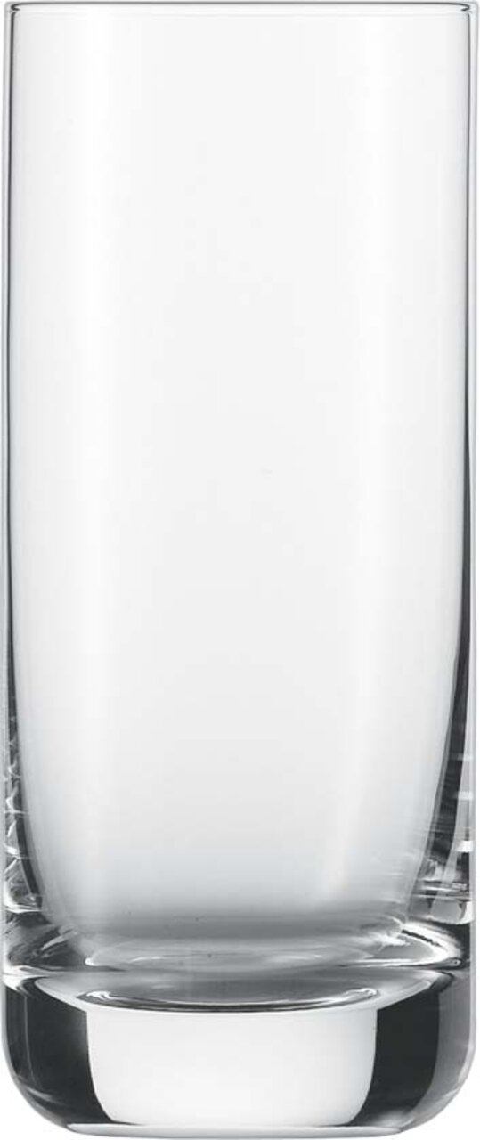 Ein einfaches Longdrinkglas aus klarem Glas, frontal fotografiert.