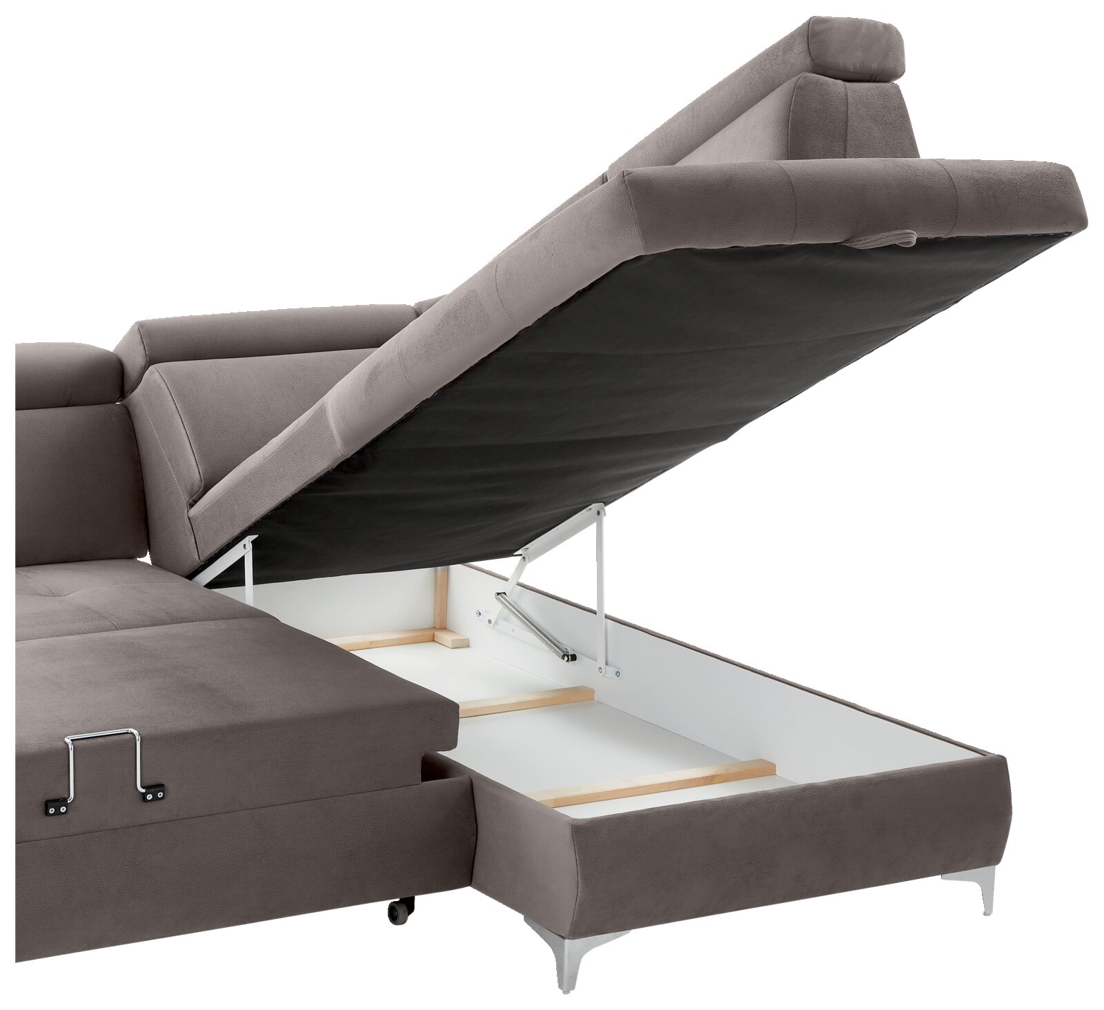 Rundecke (L) in grauem Stoff mit geöffneter Stauraumfunktion, seitliche Perspektive