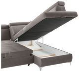 Rundecke (L) in grauem Stoff mit geöffneter Stauraumfunktion, seitliche Perspektive