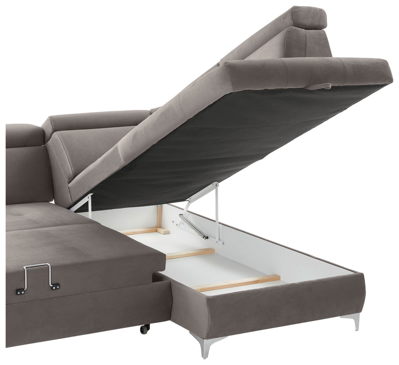 Rundecke (L) in grauem Stoff mit geöffneter Stauraumfunktion, seitliche Perspektive