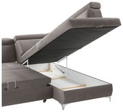 Rundecke (L) in grauem Stoff mit geöffneter Stauraumfunktion, seitliche Perspektive