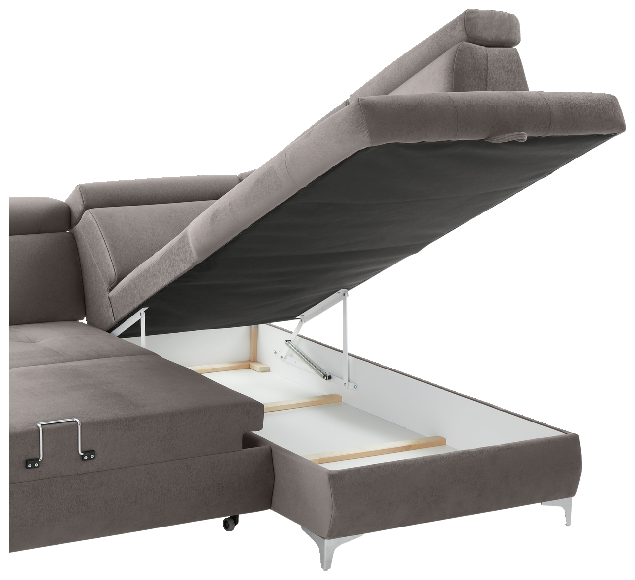 Rundecke (L) in grauem Stoff mit geöffneter Stauraumfunktion, seitliche Perspektive