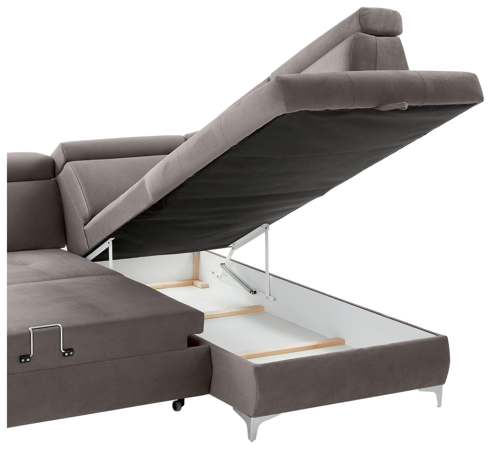 Rundecke (L) in grauem Stoff mit geöffneter Stauraumfunktion, seitliche Perspektive