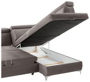 Rundecke (L) in grauem Stoff mit geöffneter Stauraumfunktion, seitliche Perspektive