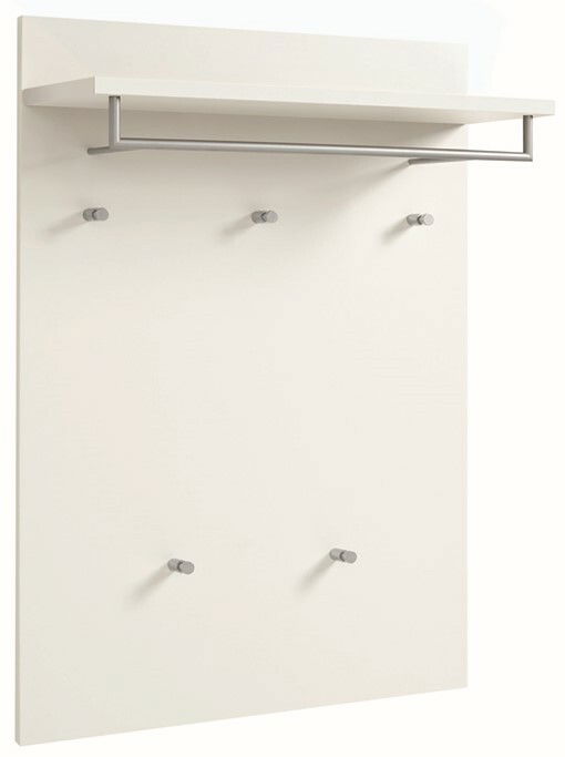 Weißes Paneel mit sechs Haken und einer Ablage, frontale Ansicht