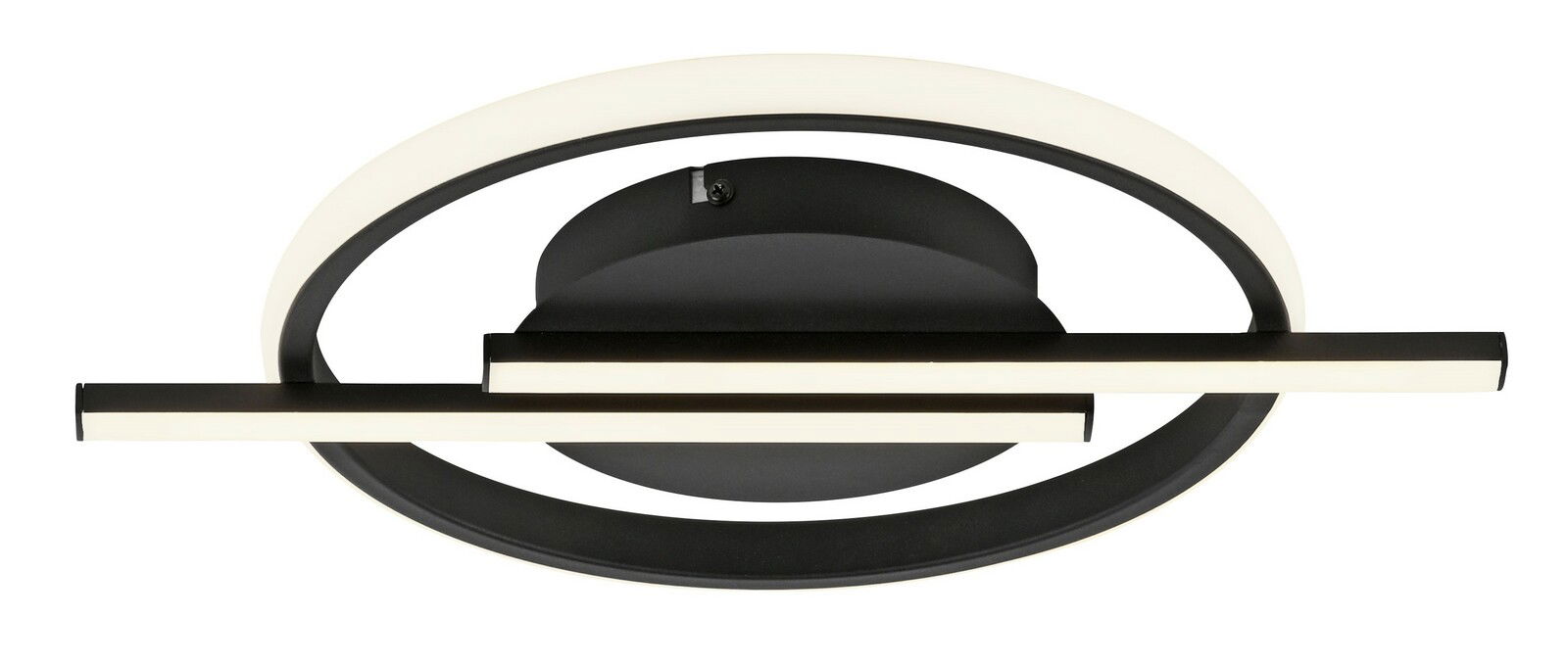 Moderne LED-Deckenleuchte in Schwarz und Weiß, von unten betrachtet, mit kreisförmigem und linearem Design.