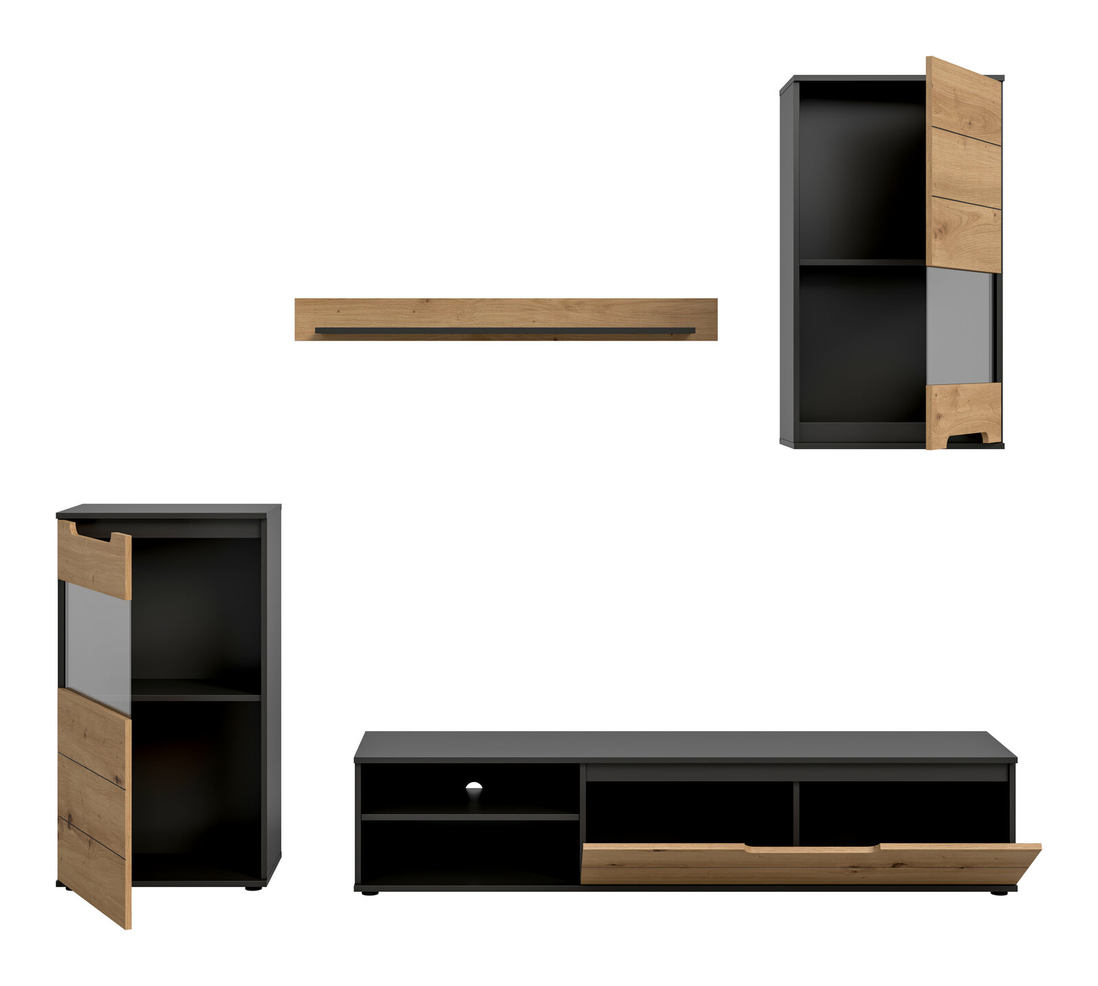 Wohnzimmermöbel-Set in Schwarz und Eiche-Optik mit Lowboard, Hochschrank und Wandboard, teils mit geöffneten Türen/Schublade, Frontansicht auf weißem Hintergrund