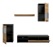 Wohnzimmermöbel-Set in Schwarz und Eiche-Optik mit Lowboard, Hochschrank und Wandboard, teils mit geöffneten Türen/Schublade, Frontansicht auf weißem Hintergrund