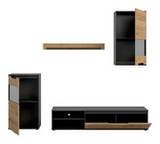 Wohnzimmermöbel-Set in Schwarz und Eiche-Optik mit Lowboard, Hochschrank und Wandboard, teils mit geöffneten Türen/Schublade, Frontansicht auf weißem Hintergrund