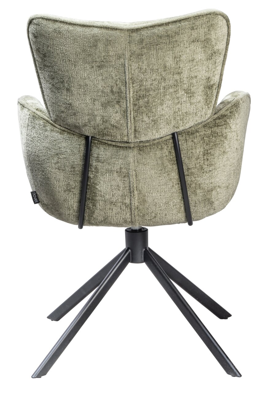 Achterkant van een groene fauteuil met een zwart metalen frame en vier poten.