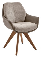 Moderner Armlehnstuhl mit grauem Stoffbezug und braunen Holzbeinen, seitliche Perspektive