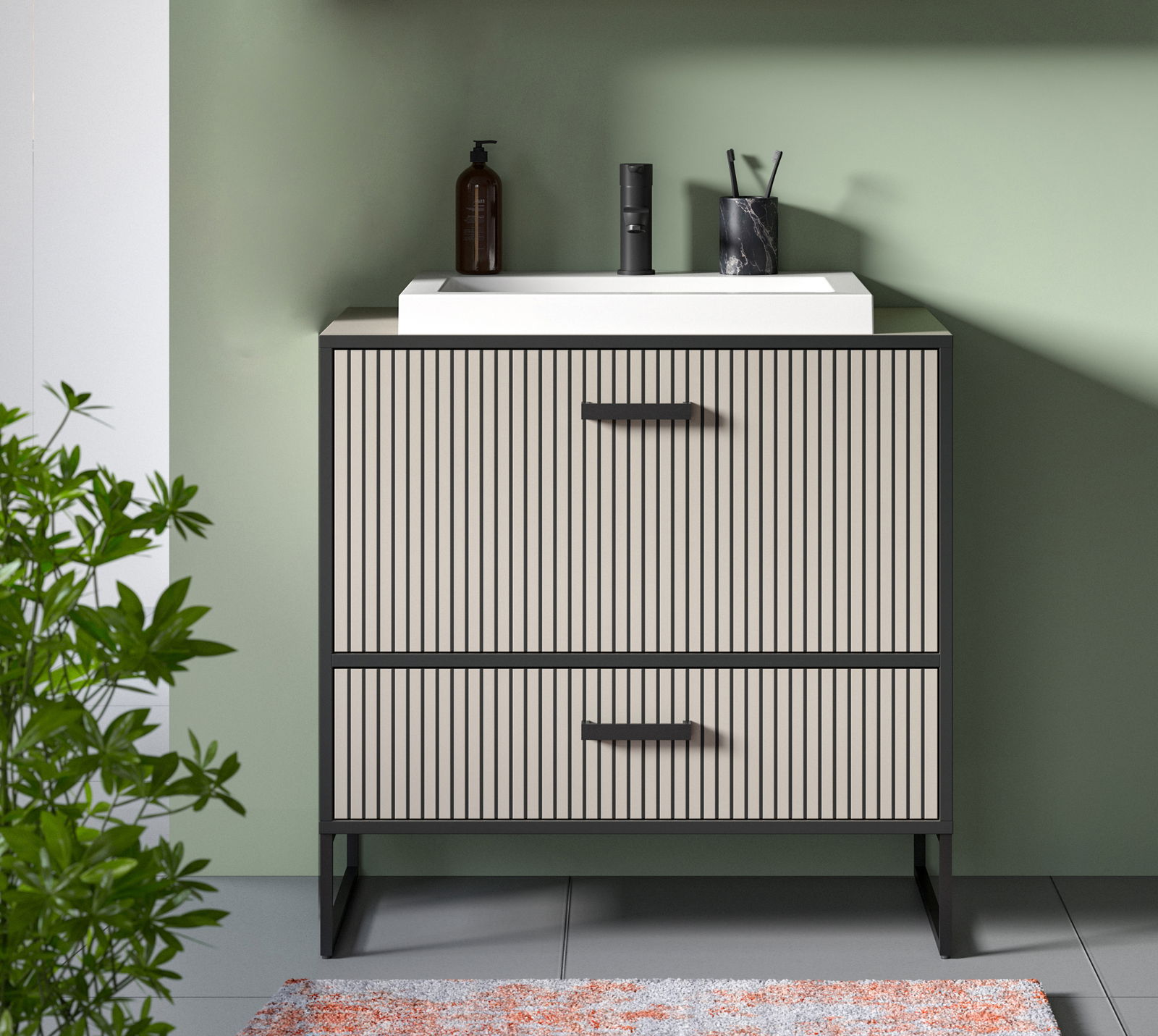 Moderner Waschtisch mit Waschbecken in Frontansicht, grüne Wand im Hintergrund