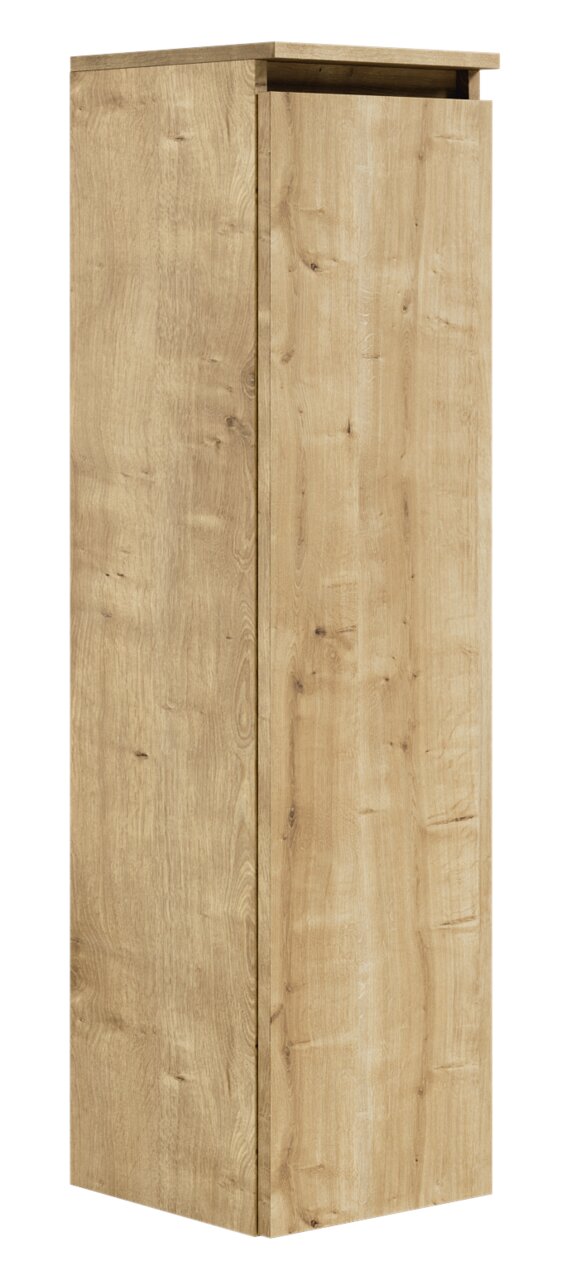 Hochschrank aus Holz in Eichenoptik, seitliche Perspektive