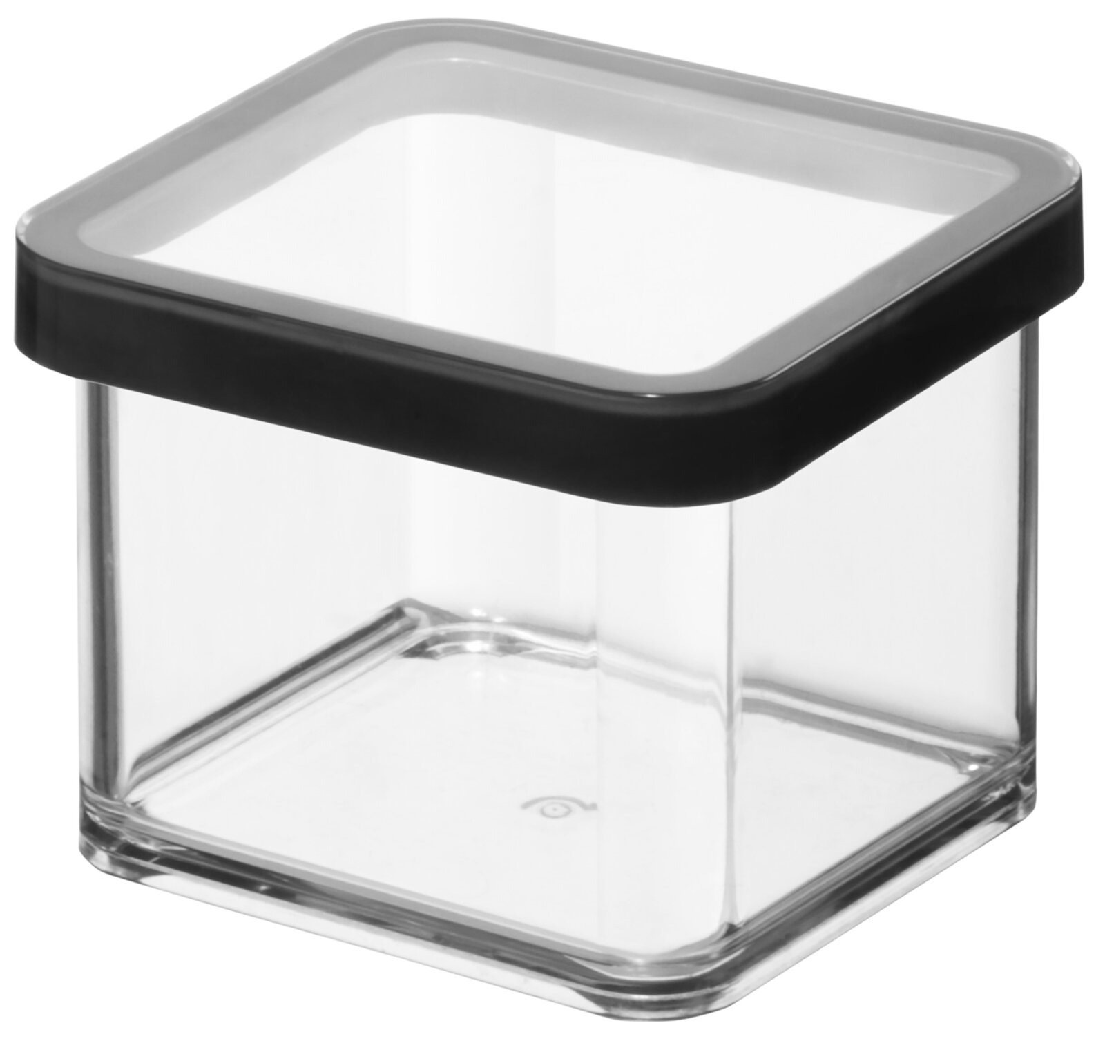 Transparente, quadratische Aufbewahrungsdose aus Glas/Kunststoff mit schwarzem Rand und weißem Deckel, in schräger Ansicht von oben (3/4-Perspektive) vor weißem Hintergrund