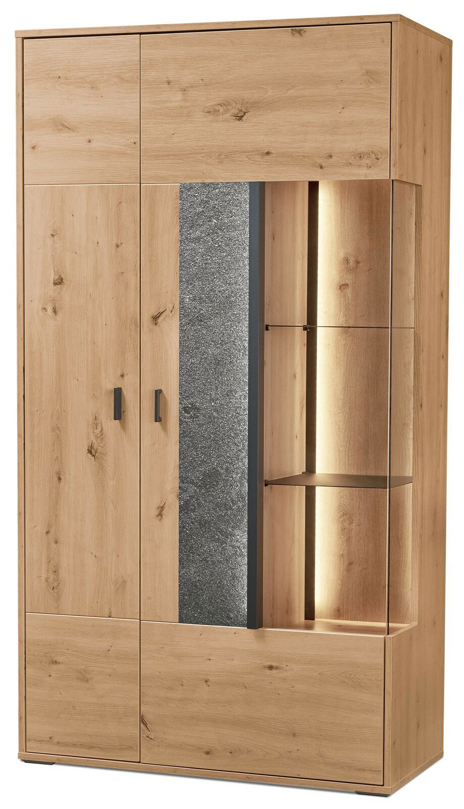 Set one by Musterring Vitrine breit rechts DELTONA Vitrine aus Holz mit Glaselementen und Beleuchtung, frontal betrachtet