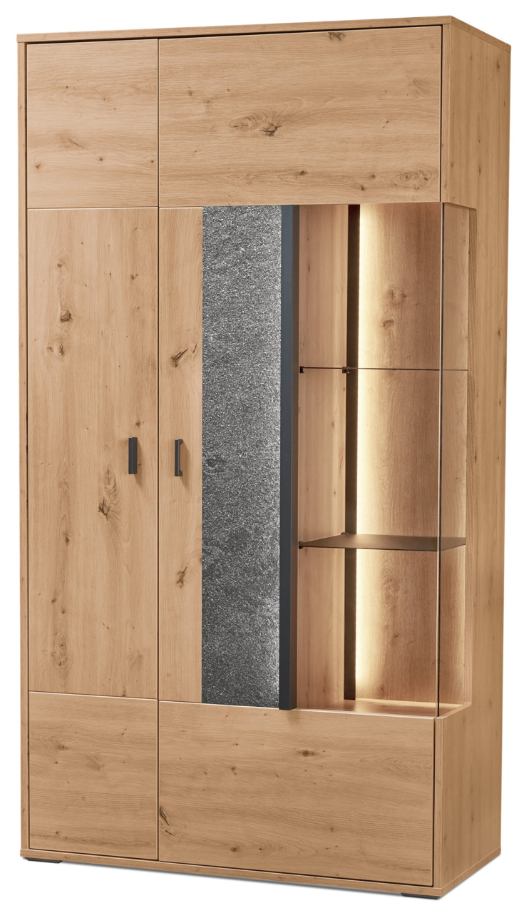 Set one by Musterring Vitrine breit rechts DELTONA Vitrine aus Holz mit Glaselementen und Beleuchtung, frontal betrachtet